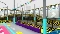Aire de jeux pour enfants à grande échelle avec trampoline multi-niveaux, toboggan, karting et zone de rebond pour activités intérieures