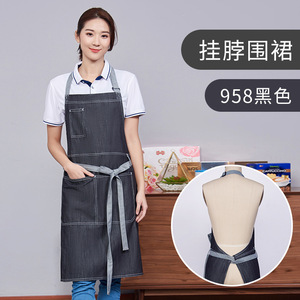 Denim Adjustable Halter Neck <b>Kitchen</b> <b>Apron</b> For Restaurants Bars Blue Polyester Workwear - Product Image 4