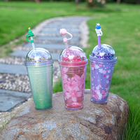 Gobelet en Plastique à Double Paroi Transparent Pailleté, Tasses Réutilisables pour Bubble Tea, Tasses à Café en Plastique, Gobelet à Eau avec Couvercle et Paille