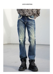 En stock: Jeans de mezclilla para hombre, de corte recto, con bordado, lavado, de costura resistente, cintura media, a la moda - Product Image 4