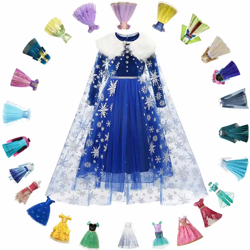 Princess Elsa Winter Dress Girls Long Sleeve Frozen2 Halloween Costume Children Rapunzel Tiana Mulan Cosplay