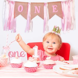 Set de Decoración para el Primer Cumpleaños de Niña: Bandera, Corona, Pastel de Cumpleaños, Etiqueta, Diadema de Corona, Artículos de Decoración para el Lugar y la Fiesta - Product Image 2