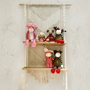 Handmade Macrame Wall <b>Shelf</b> Wooden Double Tier Boho Style Display <b>Rack</b> for Stuffed Toys Bedroom Decor - Product Image 1