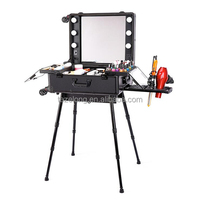 Trousse de maquillage pliante avec tiroirs Studio Makeup Artist Cosmetic Case avec ampoule réglable Leg Mirror Cosmetic Box