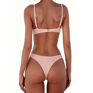 Costume da bagno bikini da donna a due pezzi, tinta unita, con scollo rotondo, imbottito, stile brasiliano, modello hipster, con perizoma, servizio OEM - Product Image 4