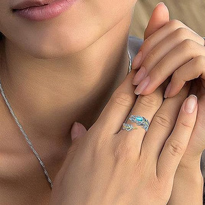 Anello Vintage con Piuma e Pietra Turchese per Donne, Gioiello da Dito alla Moda - Product Image 3