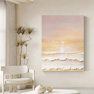 Peinture à l'huile peinte à la main, paysage de plage au lever du soleil, art moderne minimaliste, décoration murale sans cadre, effet visuel 3D, salon - Product Image 3