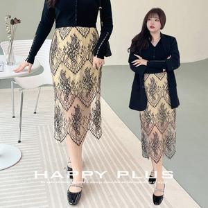 Falda Midi Ajustada de Encaje Estilo Francés Happy Plus, Talla Grande para Mujer, con Estampado, Microelástica, Cintura Natural - Product Image 4