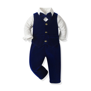 Ensemble de costume 3 pièces pour enfant en velours vert, avec <span class=keywords><strong>gilet</strong></span>, chemise à manches longues, pantalon et nœud papillon, idéal pour mariage, fête ou séance photo - Product Image 6