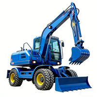 Mini-excavatrice sur roues agricole avec marteau hydraulique, attache rapide, moteur, chenilles en acier et benne de rétrocaveuse
