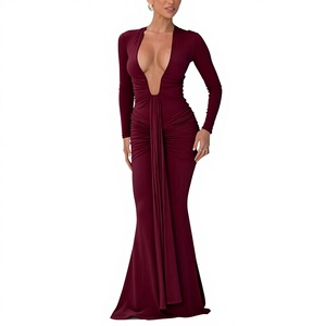 Abito da sera elegante monocolore <span class=keywords><strong>autunno</strong></span> 2025 nuovo modello transfrontaliero con scollo a V profondo, vita definita, sexy, con fiocco e maniche lunghe a coda di pesce, per il tempo libero e occasioni speciali - Product Image 1