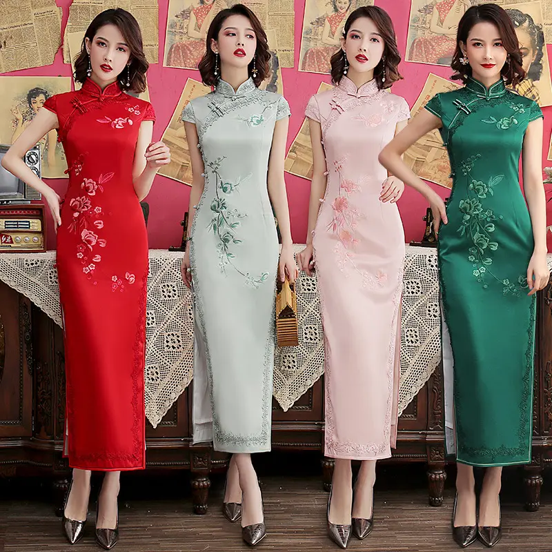 Qipao chino-vestido largo clásico Cheongsam de terciopelo, vestido elegante tradicional de noche de talla grande