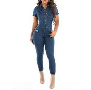 SMO tight slim ladies short sleeves v neck sexy jumpsuits and rompers denim jumpsuit women denim jumpsuit