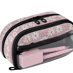 Estuche Escolar de Poliéster de 2 Capas con Estampado Personalizado de Flores de Margarita para Niñas, Estuche para Lápices con Cierre y Bolsillo de PVC - Product Image 1