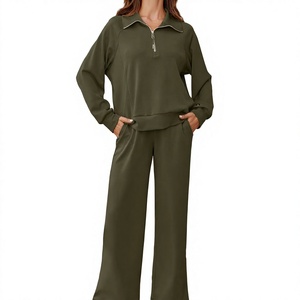 Women's Tracksuits Olive Green 2 Piece Knitted <b>Set</b> Full Sleeve Stand Collar Zipper Top Jogger Pants Casual Wear Women Tracksuits - Product Image 3