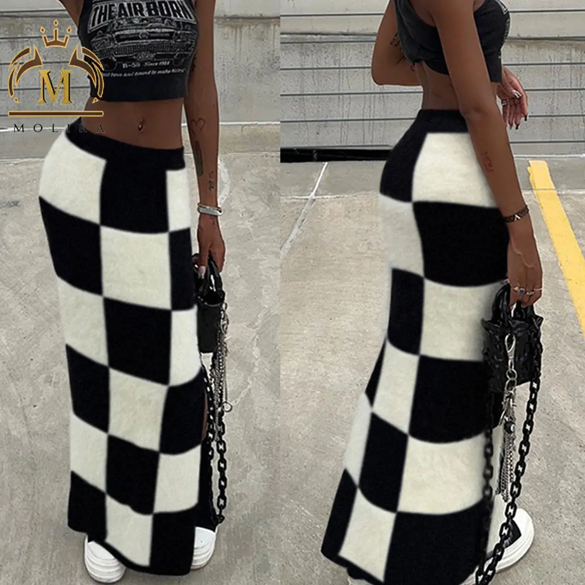 Trendy Winter Women's Fashion Skirt Knitted Sweater High Quality Slim Fit Black White Plaid Sweater Knit Long Maxi Skirts Women