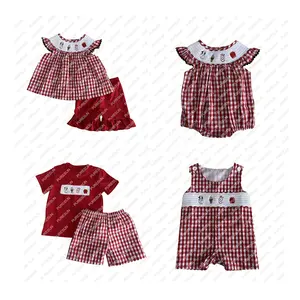 Puresun Custom Designs Smocked Baby Clothes Wholesale Red Gingham Chick Smocked Baby Girl Boutique Clothing Set