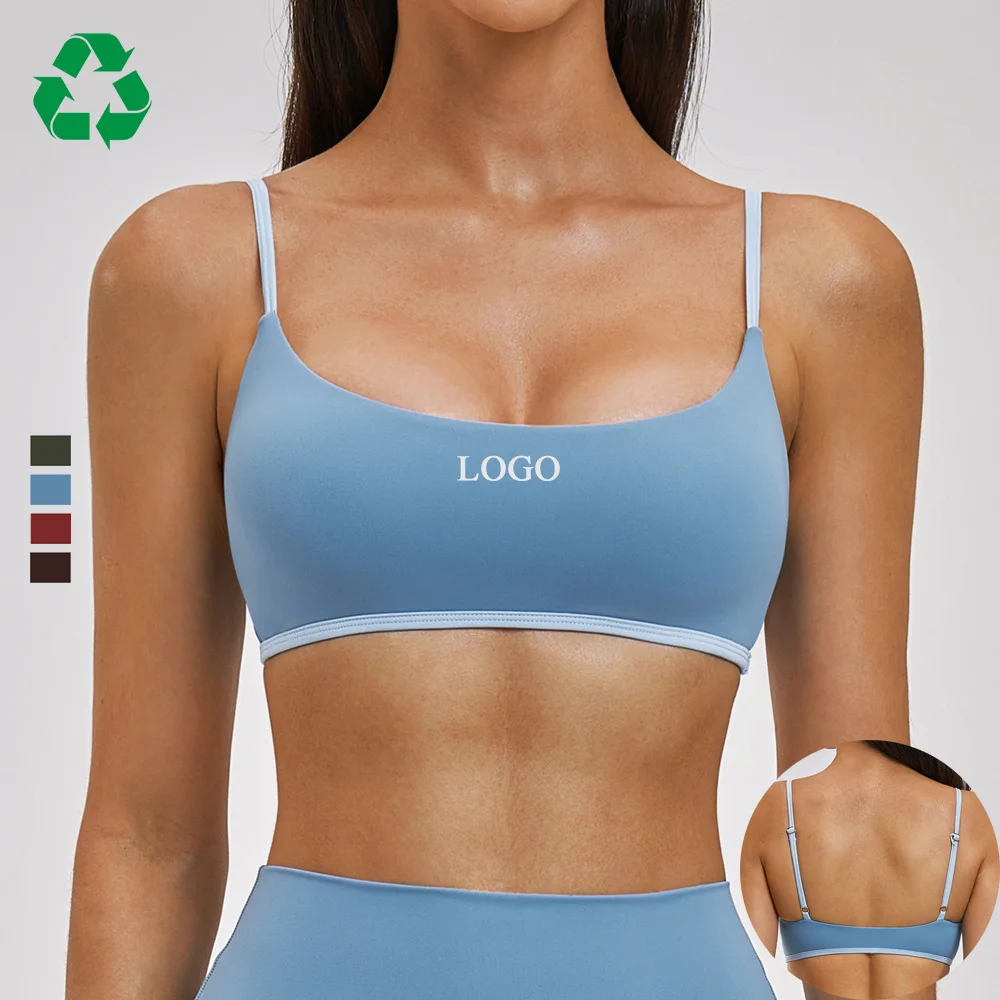 Custom Sustainable Recycled Spandex Color Contrast 4-Way Stretch Adjusted Strap Yoga Bra Running Top Quick Dry Gym Sports Bra
