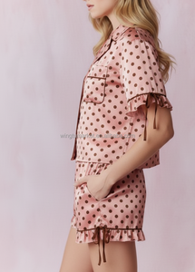 Pyjamaset met korte mouwen, kraag, shirt, top, shorts, stippenprint, ruches, nachtkleding voor dames - Product Image 6