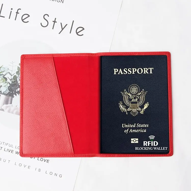 Porta-passaporte de couro vermelho frpa, suporte de viagem Titular do cartão