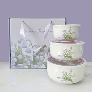 Ensemble de bols en céramique à motif de fleurs de muguet, multifonctionnels, pour la fraîcheur, ensemble de trois bols en céramique, cadeaux de mariage, boîte - Product Image 1