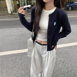 Cardigan en tricot torsadé pour femme, style coréen, veste courte, motif cœur, taille unique, bleu marine, blanc, noir, rose, rouge, gris - Product Image 2