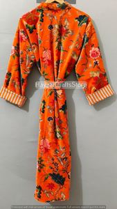 Orange Floral Printed Velvet Kimono Robe Women's Long Sleeve Wrap Bathrobe Autumn Winter Dressing Gown - Product Image 5