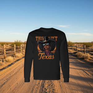 Camiseta de manga larga con cuello redondo y estampado digital unisex para adultos, con la frase "This Ain't Texas African American Cowgirl" - Product Image 3