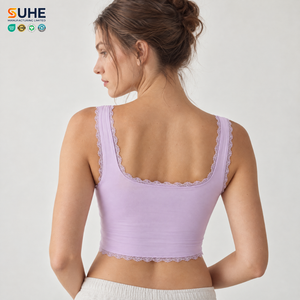 SUHE Women's <b>Lace</b> Trim Square Neck Crop <b>Tank</b> <b>Top</b> Solid Color Breathable Spandex Cotton Yoga <b>Top</b> - Product Image 4