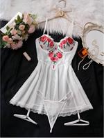 Ensemble de Nuisette Sexy en Dentelle Brodé pour Femme, Lingerie Transparente avec String, Robe d'Été Rose Blanche, Vente en Gros, Personnalisation OEM