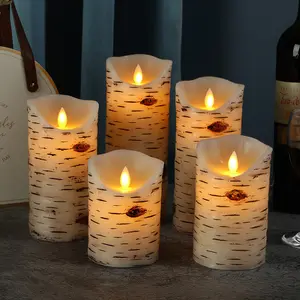 桦树皮3D发光二极管象牙蜡蜡烛套装3英寸x 4,5，6英寸高