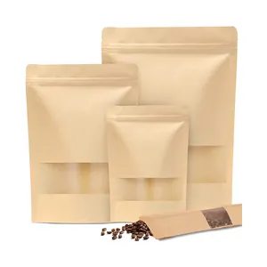 50packs Resealable Kraft Paper Stand Up Pouches With Window Zip Lock Coffee Mylar Bags For Packaging Products