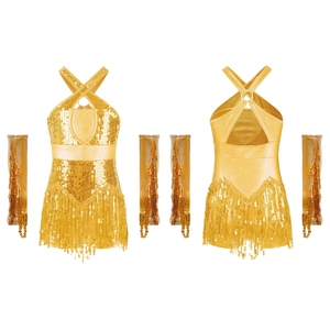 Costumes de danse pour filles de 6 à 16 ans, costumes de danse latine Cha-Cha, justaucorps avec gants métalliques pour les compétitions de salsa - Product Image 3