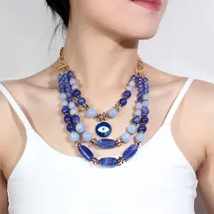 TC22950 Fasion Multi Layer Blue Beads Choker Necklace Women Eye Pendant Necklace Jewelry