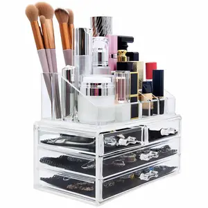 Organizador de maquillaje acrílico transparente OEM/ODM personalizado, caja de exhibición de cosméticos para el cuidado de la piel para mostrador, baño, Vestidos