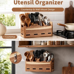 Boîte de rangement en bois pour ustensiles de cuisine avec compartiments, organisateur de bureau suspendu, couleur bois naturel, capacité 2L - Product Image 5