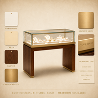Table de présentation de bijoux éco-responsable avec éclairage LED, base en bois et plateau en verre, couleurs personnalisables pour les boutiques de luxe