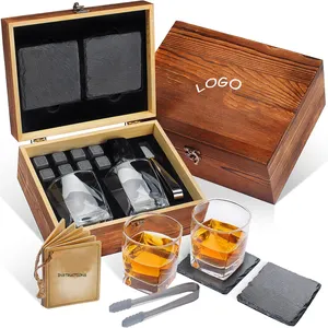 Vendedor superior, accesorios de Bar, piedras de whisky escalofriantes de granito y juego de regalo de vidrio de whisky con gafas, juego de caja de regalo