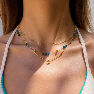 Collar de Acero Inoxidable Chapado en Oro de 18K, Joyería Hipoalergénica Impermeable, Colgante de Estrella de Piedra Natural Azul, Collar de Tres Capas - Product Image 1