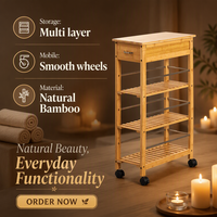 Carrito de Almacenamiento Móvil de Bambú con Ruedas y Cajón, Carro de Cocina de 4 Niveles para Especias, Herramientas y Almacenamiento, Unidad Utilitaria Moderna para el Hogar y Dormitorio