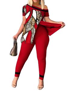 Conjunto de Dos Piezas de Ropa para Mujer, Top <span class=keywords><strong>con</strong></span> Cuello Irregular y Abertura, Pantalones Largos, Estampado, Manga Corta, <span class=keywords><strong>Traje</strong></span> Casual para Mujer - Product Image 6