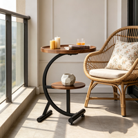 Table d'appoint moderne en forme de C à 2 niveaux, table d'appoint en bois et métal avec étagère de rangement pour salon, chambre à coucher, canapé
