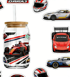 Bouteille d'eau réutilisable de qualité supérieure en verre dépoli 16oz avec couvercle en bambou et paille, motif F1 de course automobile professionnelle, protection UV DTF - Product Image 3