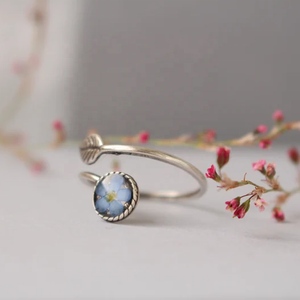 Venta al por mayor verano Mujer diseño delicado Plata de Ley 925 hecho a mano olvidarme no presionado flor anillo - Product Image 5