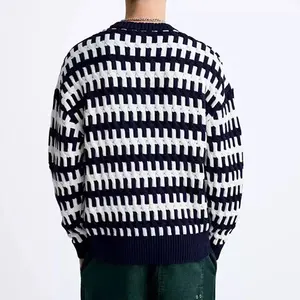 Sweater pria pullover Jacquard bergaris, atasan rajut ukuran besar longgar leher crew sweater rajut untuk pria