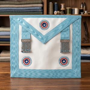 Delantal Masónico de Alta Calidad con Bordado y Detalles de Cadena Plateada, Forma Cuadrada con Círculos - Product Image 1