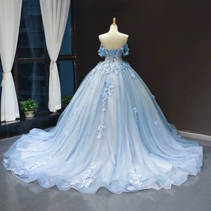 <span class=keywords><strong>Robe</strong></span> de Quinceañera bleu ciel magique avec <span class=keywords><strong>jupon</strong></span>, épaules dénudées, appliques florales, en <span class=keywords><strong>tulle</strong></span>, coupe princesse, traîne chapelle - Product Image 5