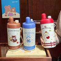 Botella de Agua de Acero Inoxidable para Niños con Estampado de Osito, Pato, Cordero y Gato, Tapa Doble Aislada, Termo con Correa de Mano Portátil
