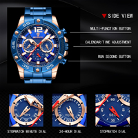 Montre multifonctionnelle Binbond 9798 pour homme, en acier inoxydable bleu foncé, à quartz, étanche, style professionnel, vente en gros, plus abordable
