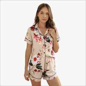 Conjunto de Pijamas de Seda 100% Tejida Estampada Personalizada para Mujer, Ropa de Dormir Transpirable de Manga Corta para Verano - Product Image 1